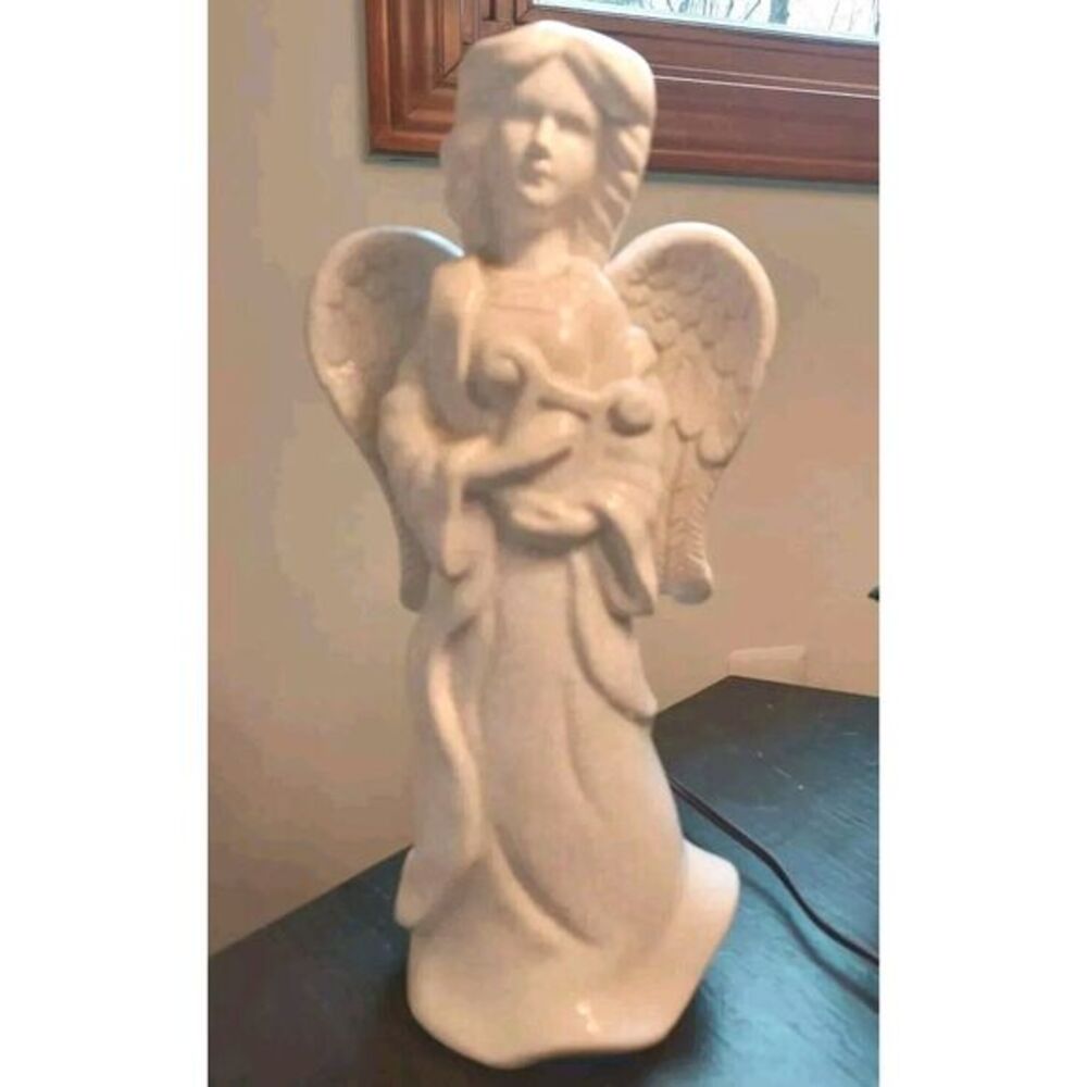 Large Crackle Glaze Ceramic Angel Figurine With Harp And Wings In White - Picture 2 of 9